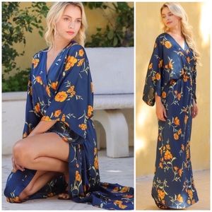 Navy Floral Kimono Tie Front Tassel Maxi Dress.